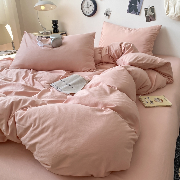 91家纺网 家纺一手货源 找家纺 夜笙家纺 2025新款水洗棉纯色双拼四件套 双拼-胭脂玉