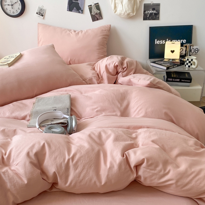 91家纺网 家纺一手货源 找家纺 夜笙家纺 2025新款水洗棉纯色双拼四件套 双拼-胭脂玉