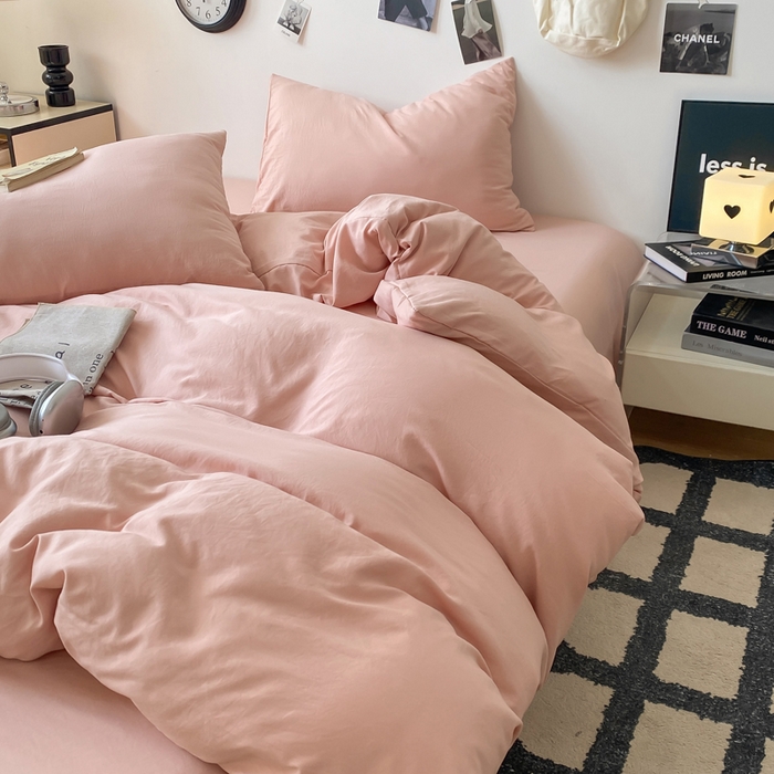 91家纺网 家纺一手货源 找家纺 夜笙家纺 2025新款水洗棉纯色双拼四件套 双拼-胭脂玉