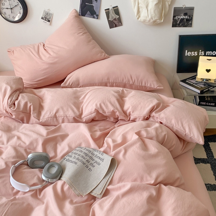 91家纺网 家纺一手货源 找家纺 夜笙家纺 2025新款水洗棉纯色双拼四件套 双拼-胭脂玉