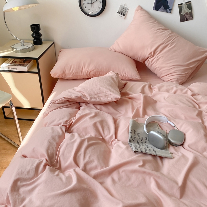 91家纺网 家纺一手货源 找家纺 夜笙家纺 2025新款水洗棉纯色双拼四件套 双拼-胭脂玉