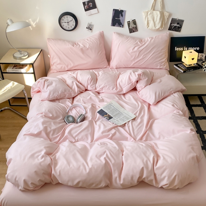 91家纺网 家纺一手货源 找家纺 夜笙家纺 2025新款水洗棉纯色双拼四件套 双拼-樱花粉