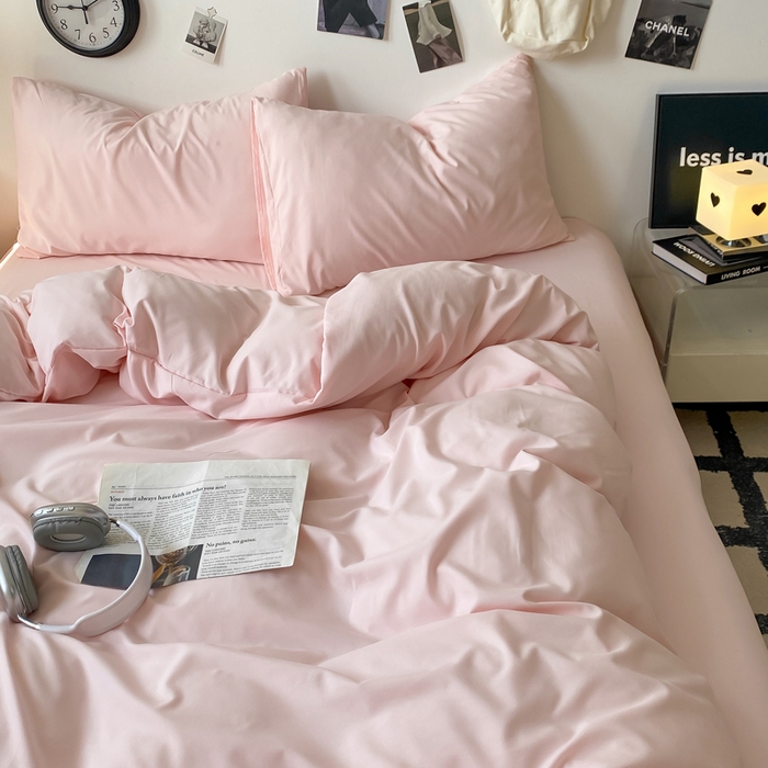 91家纺网 家纺一手货源 找家纺 夜笙家纺 2025新款水洗棉纯色双拼四件套 双拼-樱花粉