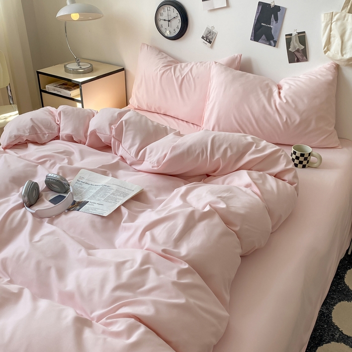 91家纺网 家纺一手货源 找家纺 夜笙家纺 2025新款水洗棉纯色双拼四件套 双拼-樱花粉