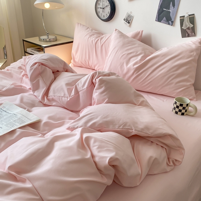 91家纺网 家纺一手货源 找家纺 夜笙家纺 2025新款水洗棉纯色双拼四件套 双拼-樱花粉