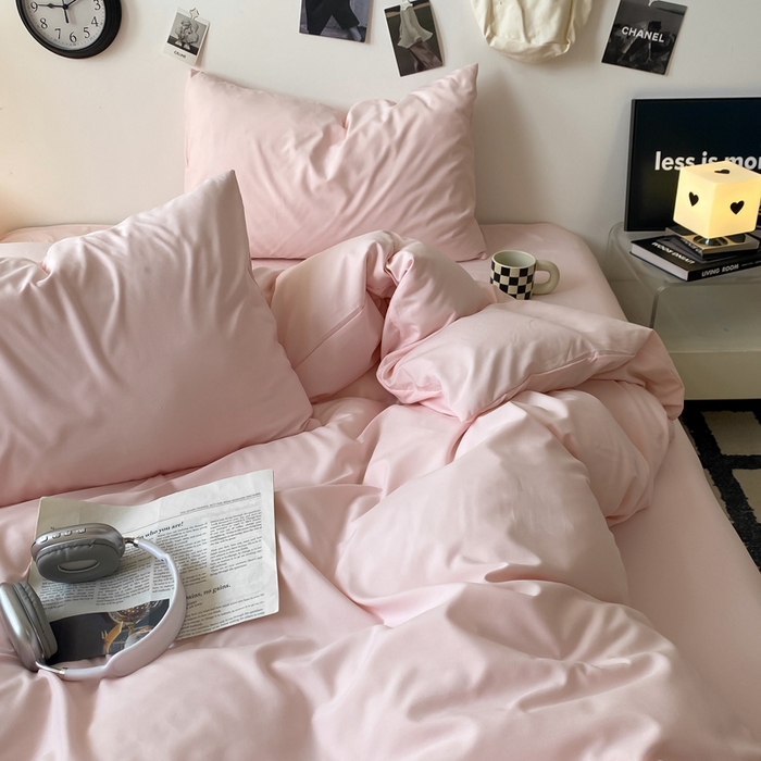 91家纺网 家纺一手货源 找家纺 夜笙家纺 2025新款水洗棉纯色双拼四件套 双拼-樱花粉