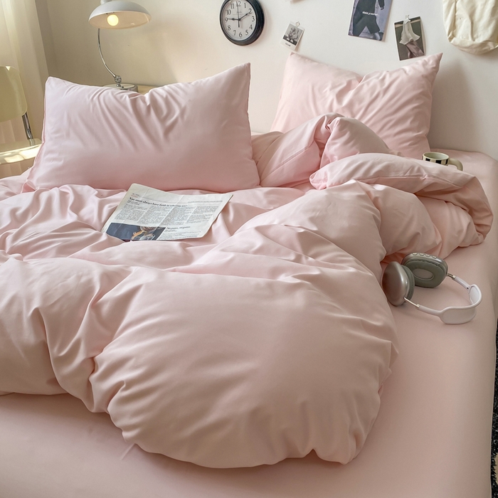 91家纺网 家纺一手货源 找家纺 夜笙家纺 2025新款水洗棉纯色双拼四件套 双拼-樱花粉