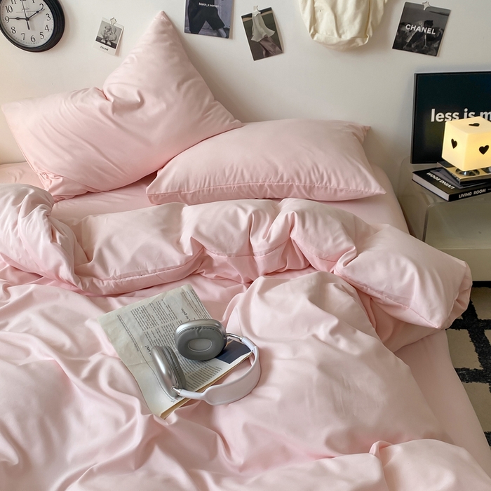 91家纺网 家纺一手货源 找家纺 夜笙家纺 2025新款水洗棉纯色双拼四件套 双拼-樱花粉