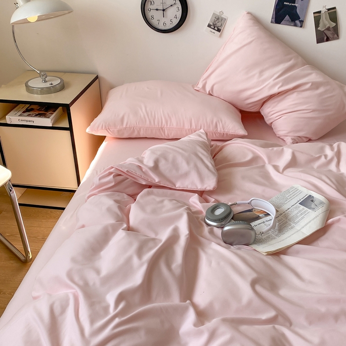 91家纺网 家纺一手货源 找家纺 夜笙家纺 2025新款水洗棉纯色双拼四件套 双拼-樱花粉