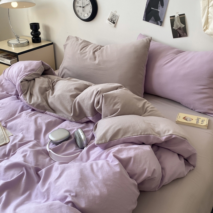 91家纺网 家纺一手货源 找家纺 夜笙家纺 2025新款水洗棉纯色双拼四件套 双拼-芋泥灰