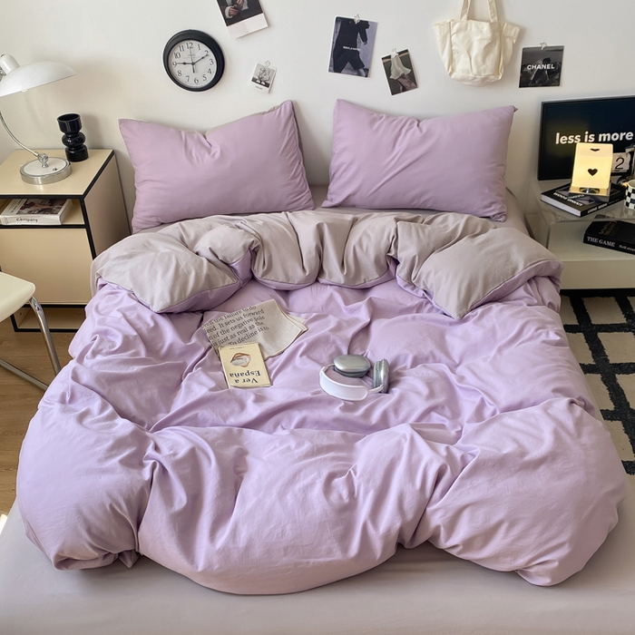 91家纺网 家纺一手货源 找家纺 夜笙家纺 2025新款水洗棉纯色双拼四件套 双拼-芋泥灰