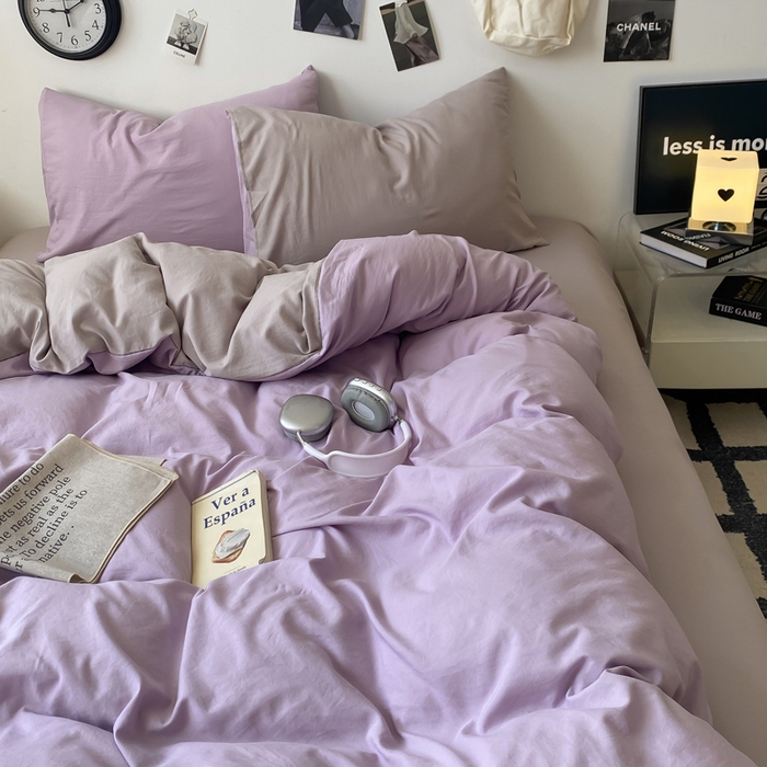 91家纺网 家纺一手货源 找家纺 夜笙家纺 2025新款水洗棉纯色双拼四件套 双拼-芋泥灰