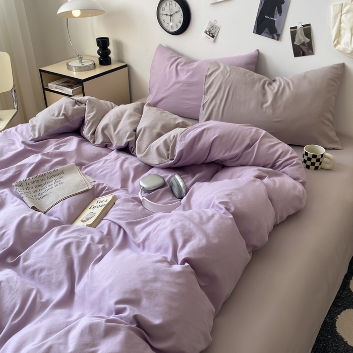 91家纺网 家纺一手货源 找家纺 夜笙家纺 2025新款水洗棉纯色双拼四件套 双拼-芋泥灰