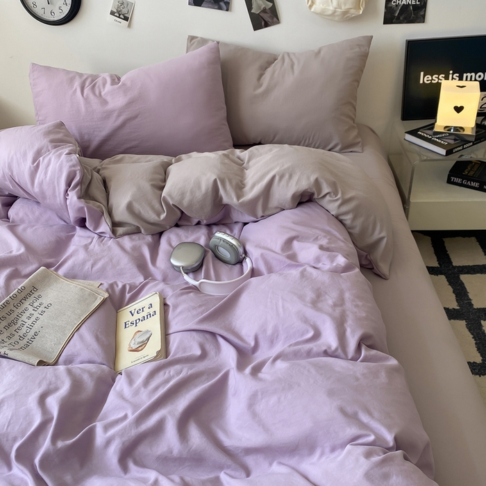 91家纺网 家纺一手货源 找家纺 夜笙家纺 2025新款水洗棉纯色双拼四件套 双拼-芋泥灰