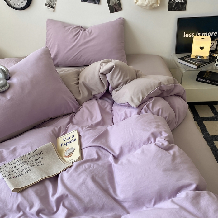 91家纺网 家纺一手货源 找家纺 夜笙家纺 2025新款水洗棉纯色双拼四件套 双拼-芋泥灰