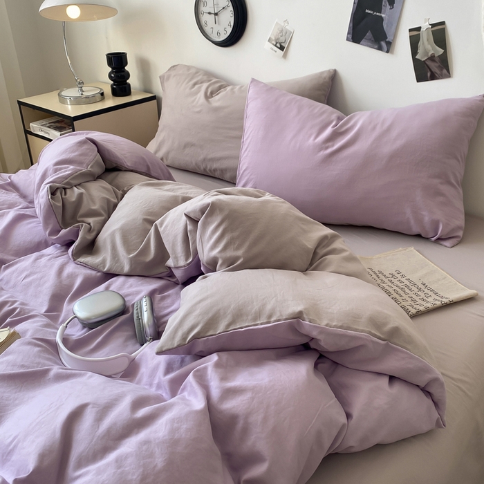 91家纺网 家纺一手货源 找家纺 夜笙家纺 2025新款水洗棉纯色双拼四件套 双拼-芋泥灰