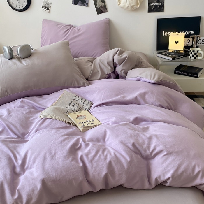 91家纺网 家纺一手货源 找家纺 夜笙家纺 2025新款水洗棉纯色双拼四件套 双拼-芋泥灰