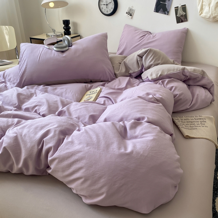 91家纺网 家纺一手货源 找家纺 夜笙家纺 2025新款水洗棉纯色双拼四件套 双拼-芋泥灰