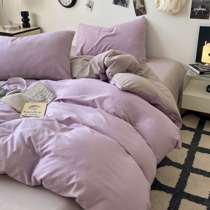 91家纺网 家纺一手货源 找家纺 夜笙家纺 2025新款水洗棉纯色双拼四件套 双拼-芋泥灰