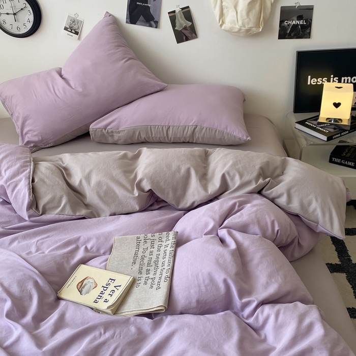 91家纺网 家纺一手货源 找家纺 夜笙家纺 2025新款水洗棉纯色双拼四件套 双拼-芋泥灰