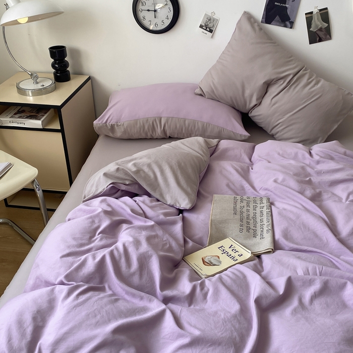 91家纺网 家纺一手货源 找家纺 夜笙家纺 2025新款水洗棉纯色双拼四件套 双拼-芋泥灰