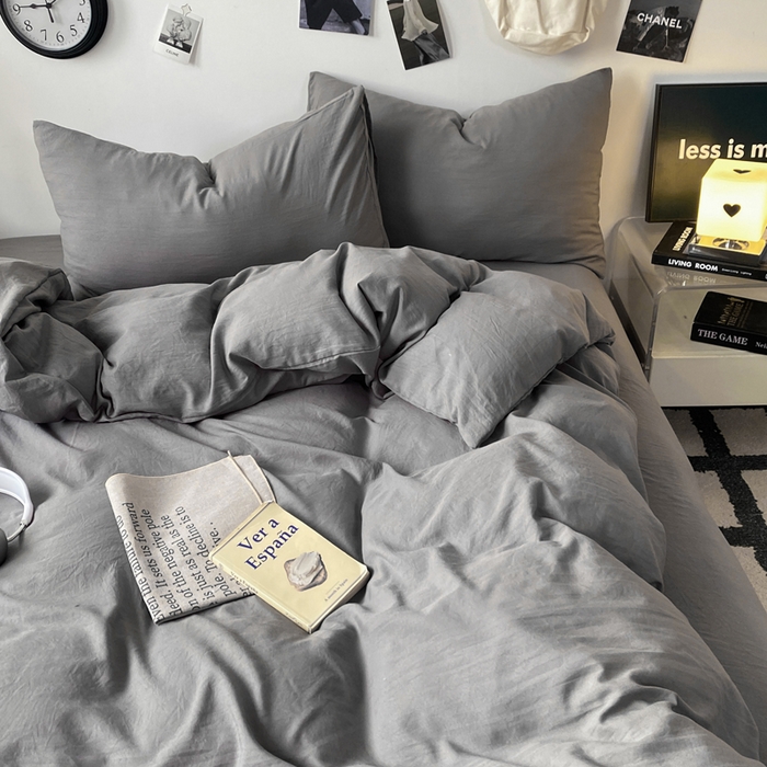 夜笙家纺 2025新款水洗棉纯色双拼四件套 双拼-中灰
