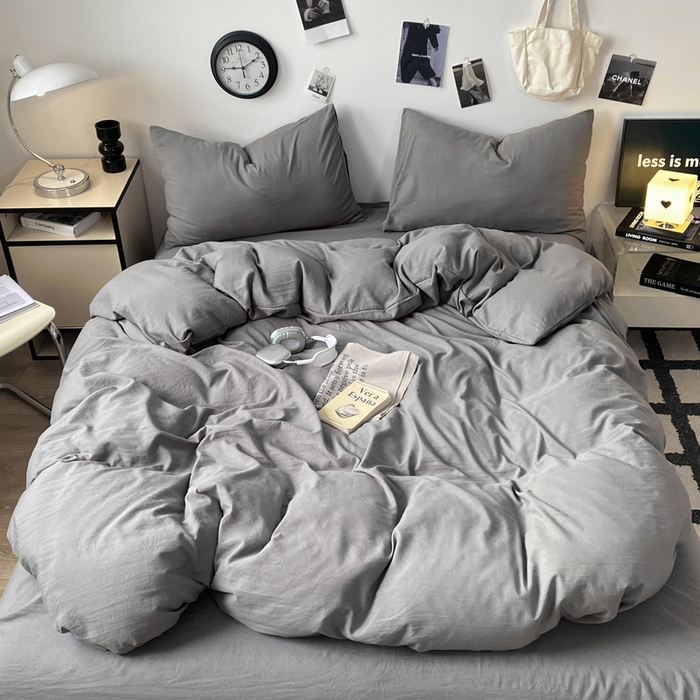 91家纺网 家纺一手货源 找家纺 夜笙家纺 2025新款水洗棉纯色双拼四件套 双拼-中灰