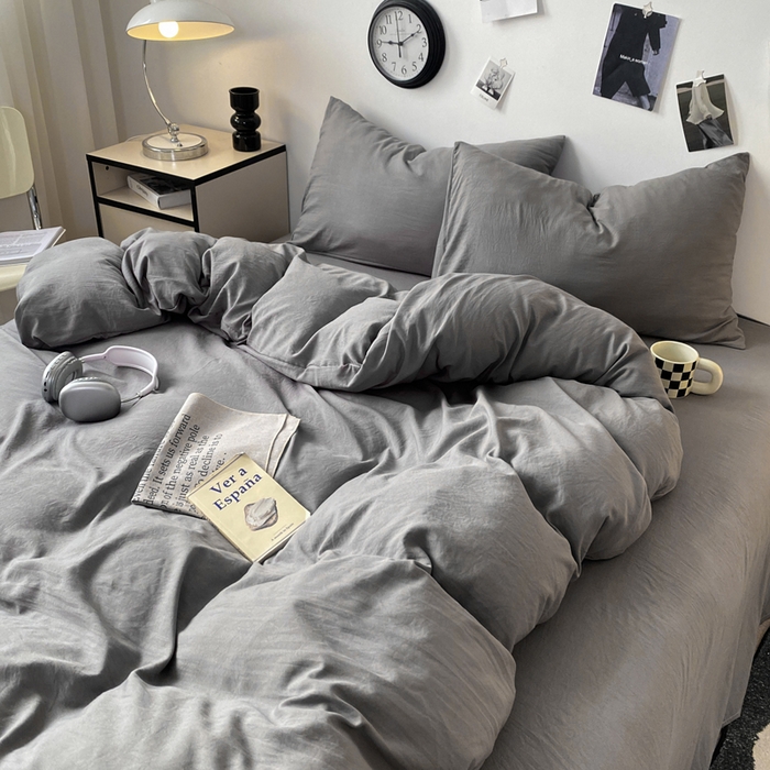 91家纺网 家纺一手货源 找家纺 夜笙家纺 2025新款水洗棉纯色双拼四件套 双拼-中灰