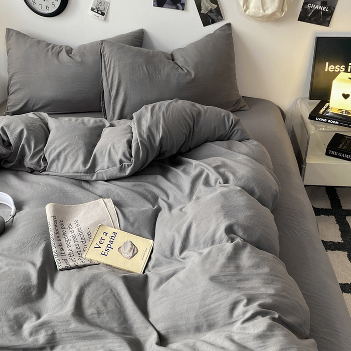 91家纺网 家纺一手货源 找家纺 夜笙家纺 2025新款水洗棉纯色双拼四件套 双拼-中灰
