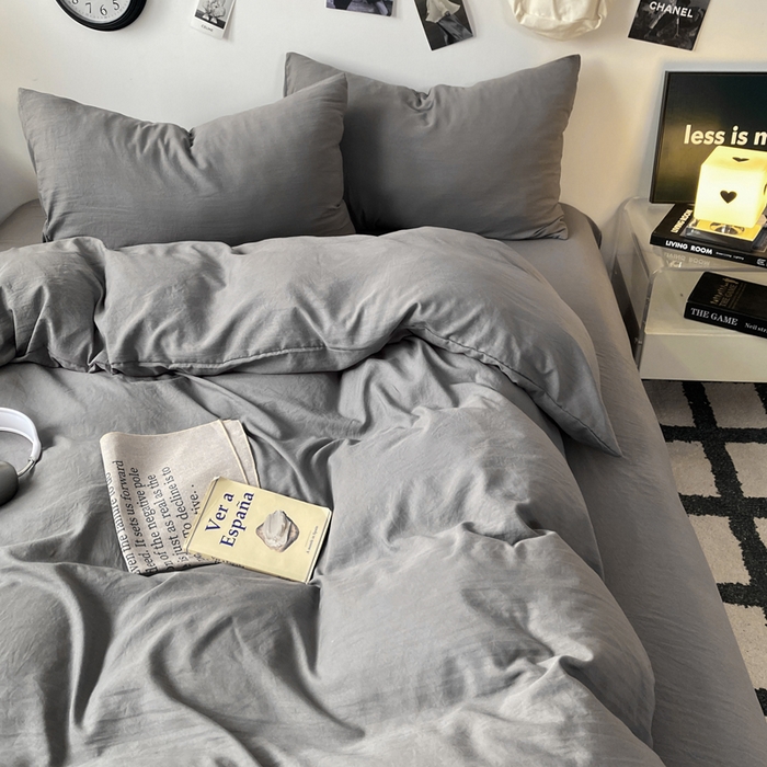 91家纺网 家纺一手货源 找家纺 夜笙家纺 2025新款水洗棉纯色双拼四件套 双拼-中灰