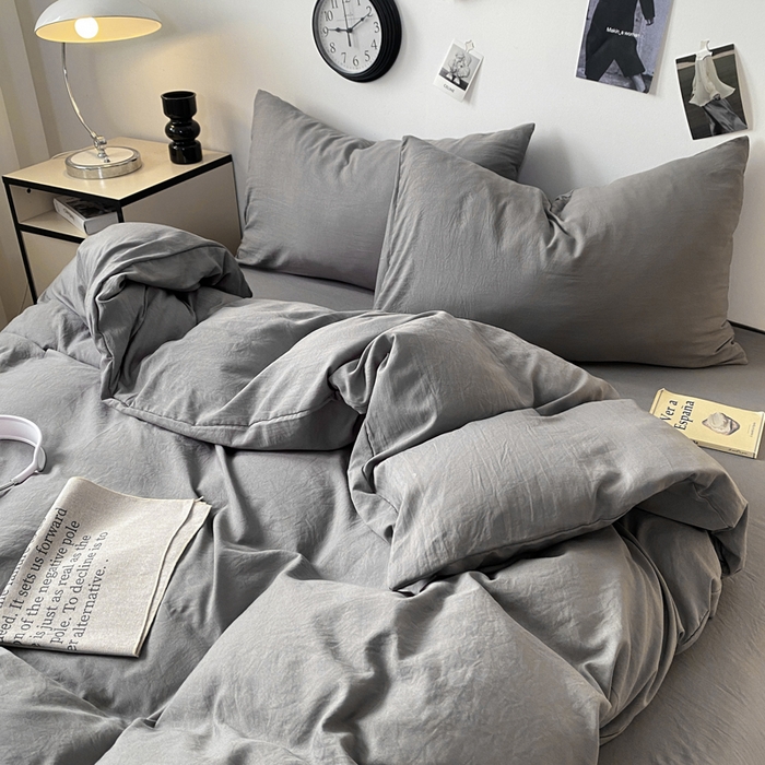 91家纺网 家纺一手货源 找家纺 夜笙家纺 2025新款水洗棉纯色双拼四件套 双拼-中灰