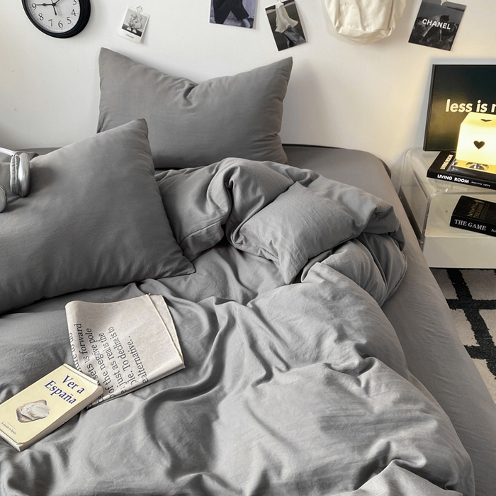 91家纺网 家纺一手货源 找家纺 夜笙家纺 2025新款水洗棉纯色双拼四件套 双拼-中灰