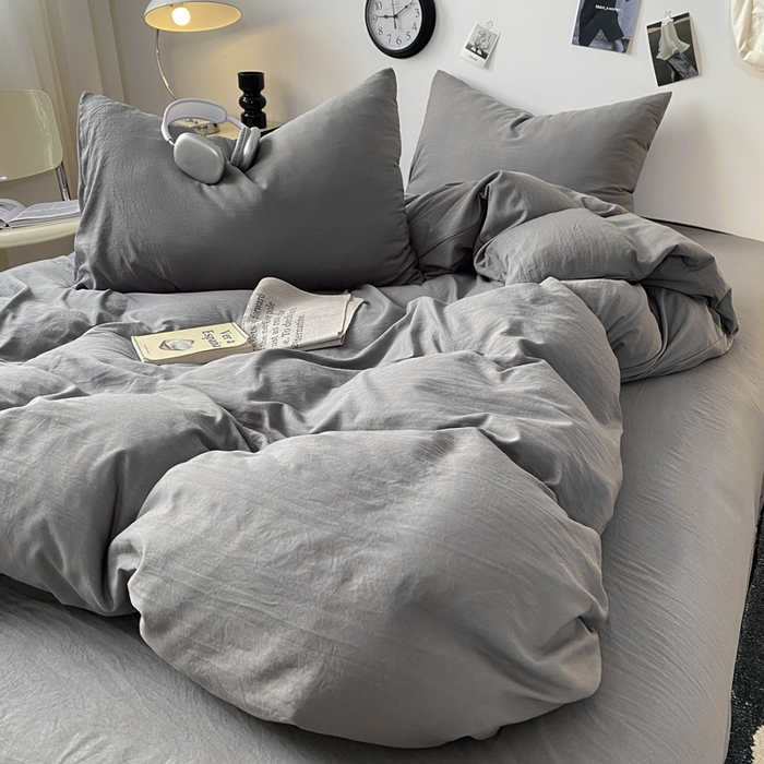 91家纺网 家纺一手货源 找家纺 夜笙家纺 2025新款水洗棉纯色双拼四件套 双拼-中灰