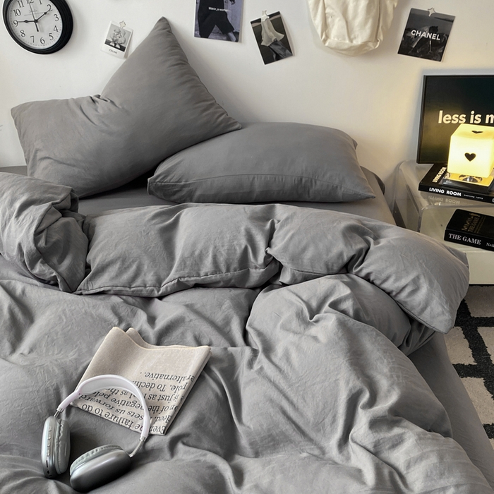 91家纺网 家纺一手货源 找家纺 夜笙家纺 2025新款水洗棉纯色双拼四件套 双拼-中灰