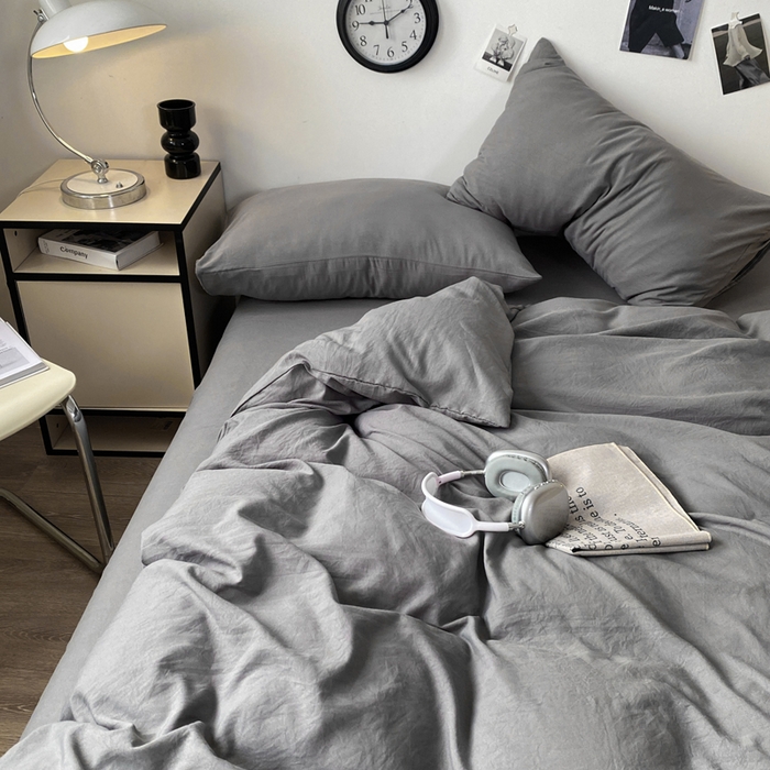 91家纺网 家纺一手货源 找家纺 夜笙家纺 2025新款水洗棉纯色双拼四件套 双拼-中灰