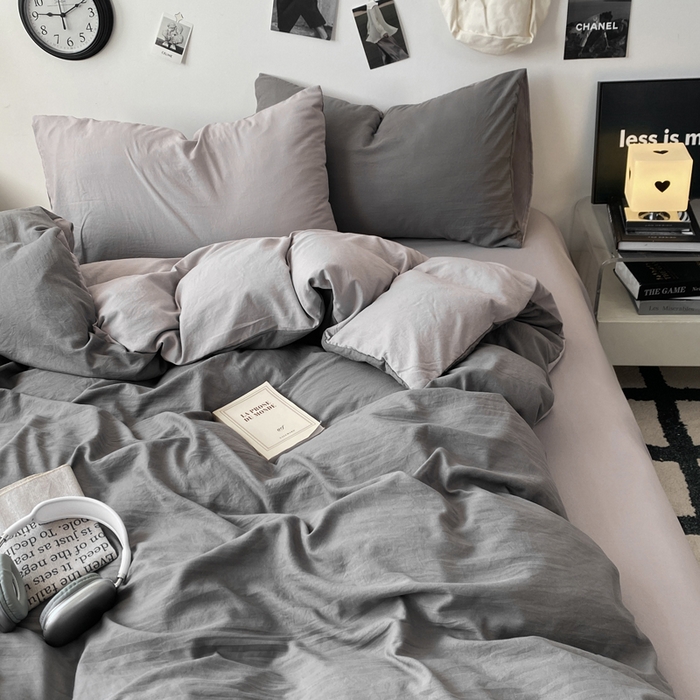夜笙家纺 2025新款水洗棉纯色双拼四件套 双拼-中灰山灰
