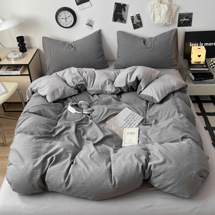 91家纺网 家纺一手货源 找家纺 夜笙家纺 2025新款水洗棉纯色双拼四件套 双拼-中灰山灰