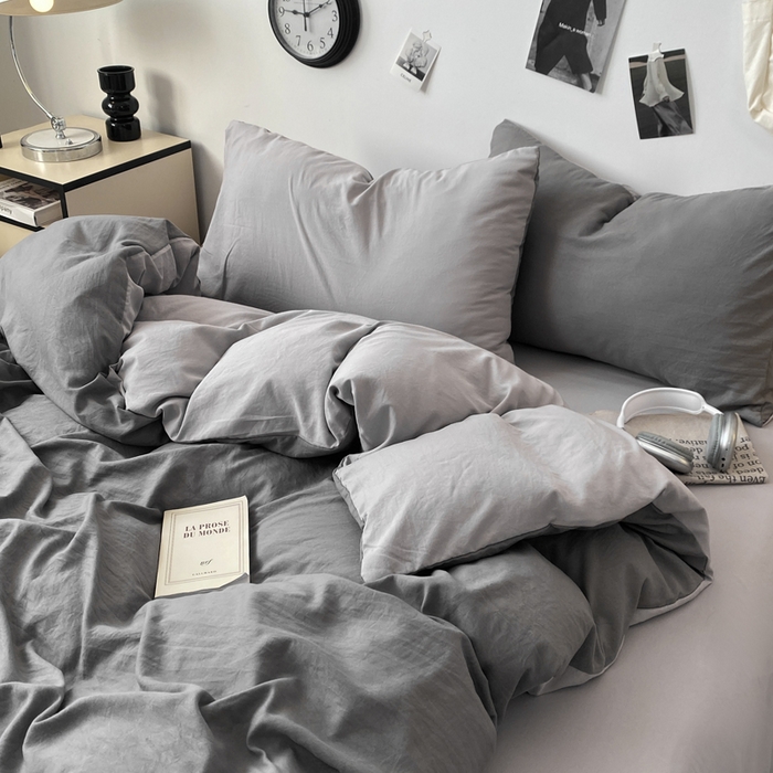 91家纺网 家纺一手货源 找家纺 夜笙家纺 2025新款水洗棉纯色双拼四件套 双拼-中灰山灰
