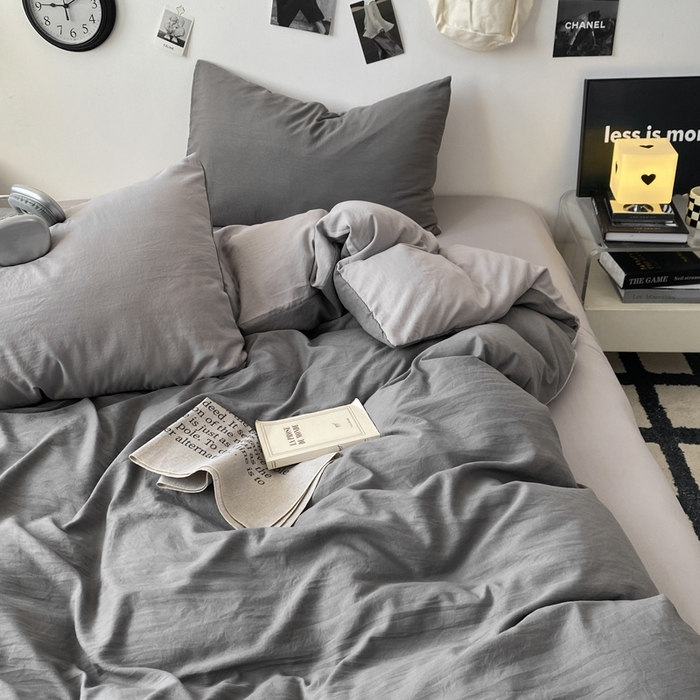 91家纺网 家纺一手货源 找家纺 夜笙家纺 2025新款水洗棉纯色双拼四件套 双拼-中灰山灰