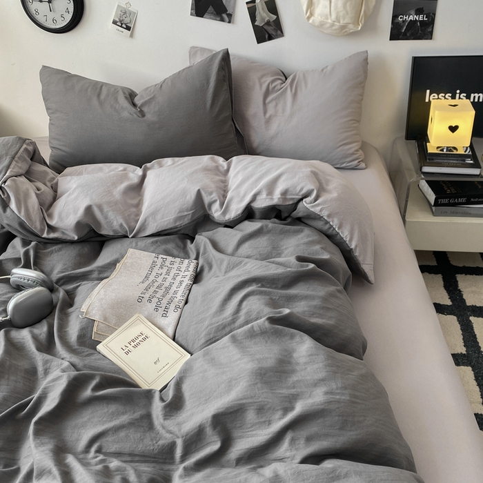 91家纺网 家纺一手货源 找家纺 夜笙家纺 2025新款水洗棉纯色双拼四件套 双拼-中灰山灰