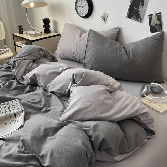 91家纺网 家纺一手货源 找家纺 夜笙家纺 2025新款水洗棉纯色双拼四件套 双拼-中灰山灰