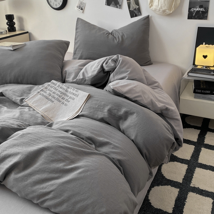 91家纺网 家纺一手货源 找家纺 夜笙家纺 2025新款水洗棉纯色双拼四件套 双拼-中灰山灰