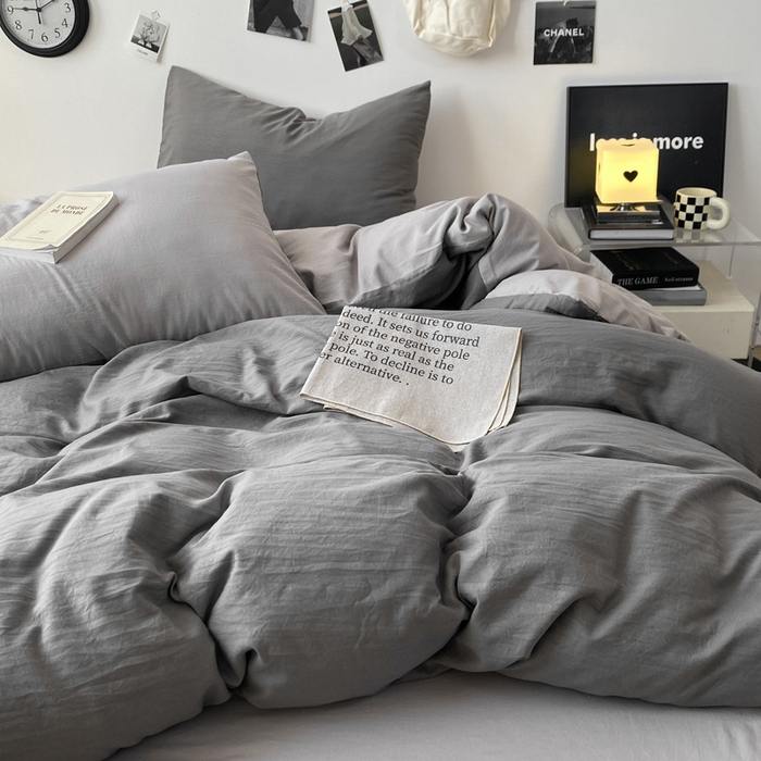 91家纺网 家纺一手货源 找家纺 夜笙家纺 2025新款水洗棉纯色双拼四件套 双拼-中灰山灰