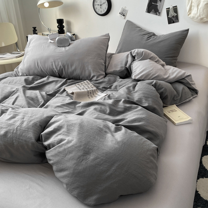 91家纺网 家纺一手货源 找家纺 夜笙家纺 2025新款水洗棉纯色双拼四件套 双拼-中灰山灰