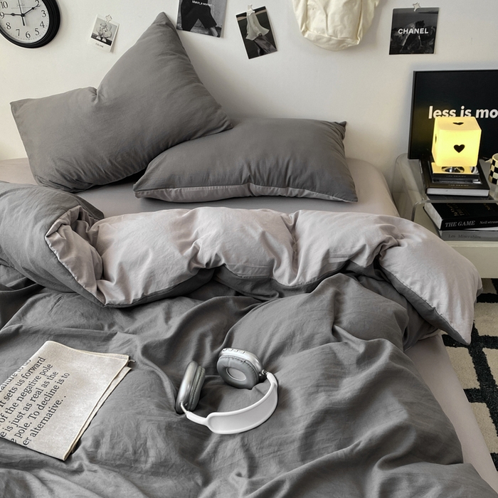 91家纺网 家纺一手货源 找家纺 夜笙家纺 2025新款水洗棉纯色双拼四件套 双拼-中灰山灰