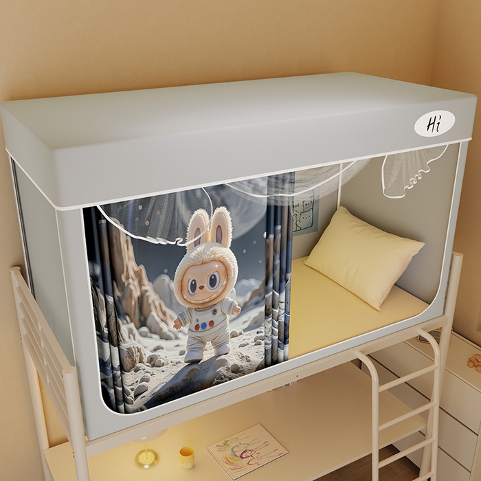 91家纺网 家纺一手货源 找家纺 安金蚊帐2025新款防蚊遮光一体99%强遮光学生宿舍上下铺遮光学生蚊帐-灰色系列 探险布布