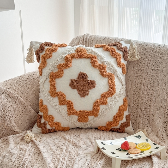 91家纺网 家纺一手货源 找家纺 新奇异 2025新款簇绒流苏抱枕 波西米亚橘