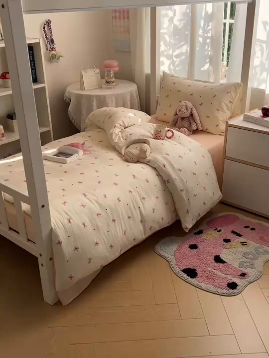 91家纺网 家纺一手货源 找家纺 韩巢家纺 2025新款双层纱学生季床铺单件被套宿舍寝室上下铺三件套 粉相思