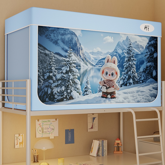 91家纺网 家纺一手货源 找家纺 安金蚊帐2025新款防蚊遮光一体99%强遮光学生宿舍上下铺遮光学生蚊帐-蓝色系列 冬日布布