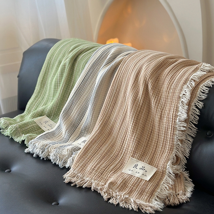 91家纺网 家纺一手货源 找家纺 （总）吉象家纺 2025新款全棉纯棉四层纱流苏毯盖毯毯子